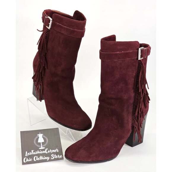 Sigerson Morrison Women's Burgundy Suede Mallie Fringe Dress Boots Size 9 1646 - Picture 2 of 10